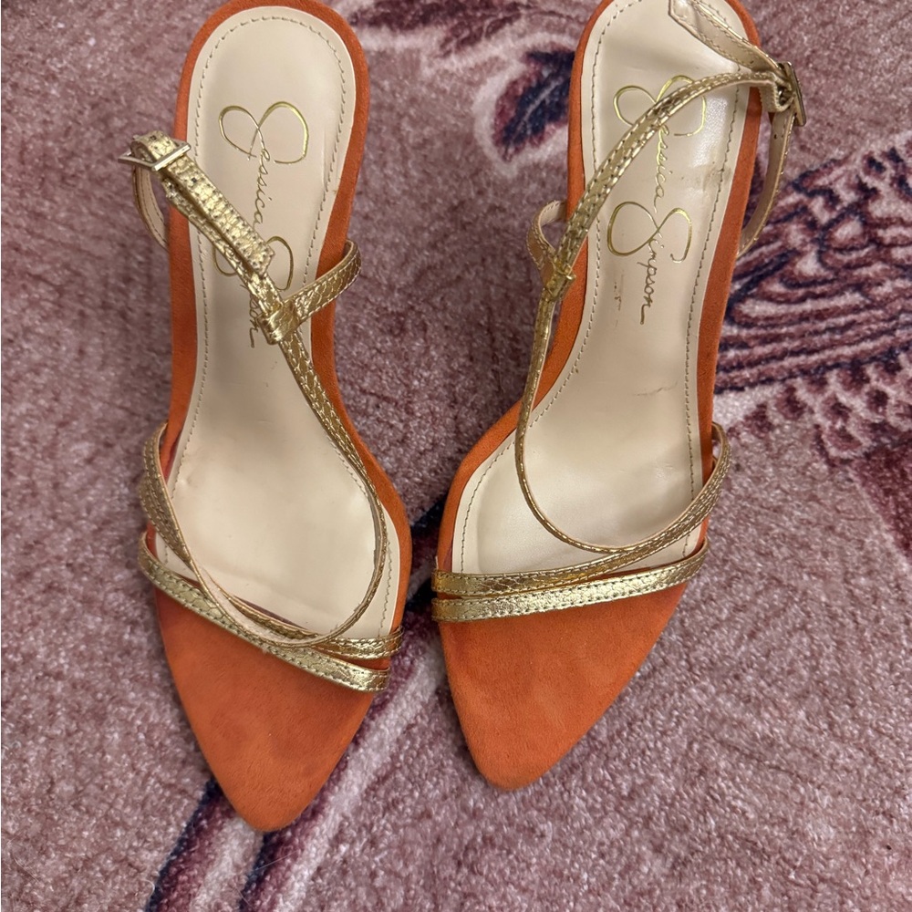 Jessica Simpson Vibrant Orange Heels with Gold Straps